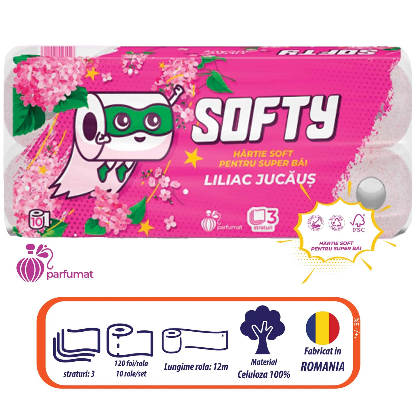 Hartie igienica 3 straturi, 10 role, Softy liliac